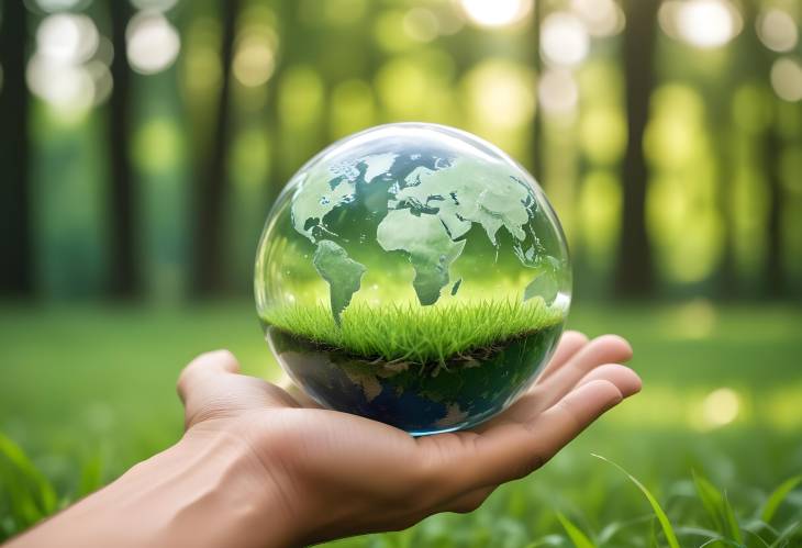 Man with Glass Globe A Green Bokeh Background Highlighting the Need for Environmental Protection