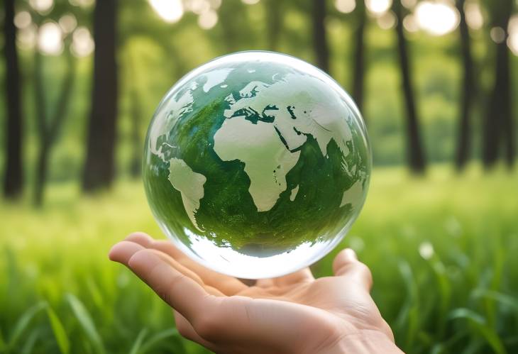 Man with Glass Globe Green Bokeh Background Highlighting the Importance of Saving the Environment