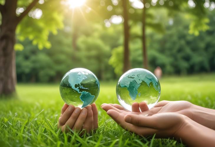 Man with Glass Globe Symbolizing Earth Conservation Against a Green Bokeh Backdrop