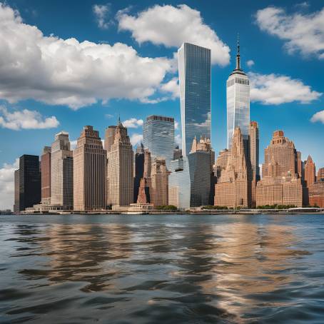 Manhattan High Rise Buildings Reflected in New York Bay with Cloudy Sky