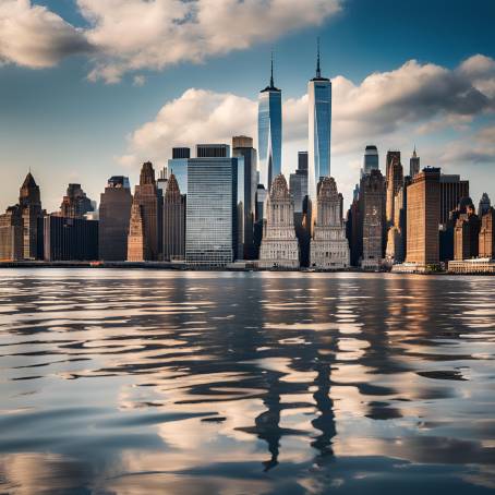 Manhattan Skyline Reflected in New York Bay with Cloudy Sky