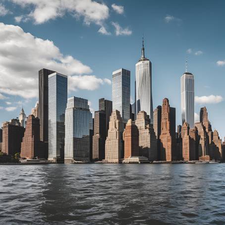 Manhattan Skyscrapers Overlooking New York Bay with Cloudy Sky