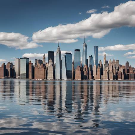 Manhattan Skyscrapers Reflected in New York Bay with Cloudy Sky