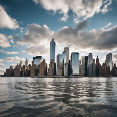 Manhattans Skyline and New York Bay Reflections with Cloudy Blue Sky