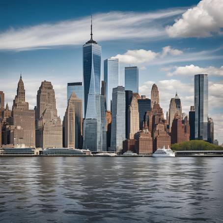 Manhattans Skyline Reflected in the Rippling Water of New York Bay