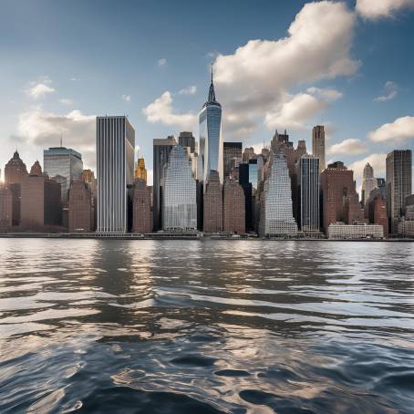 Manhattans Skyscrapers by New York Bay Under Cloudy Blue Sky