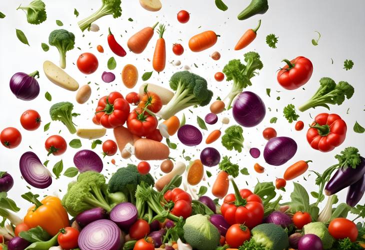 Many Fresh Vegetables Falling on White Backdrop for Health Conscious Cooking and Recipe Inspiration