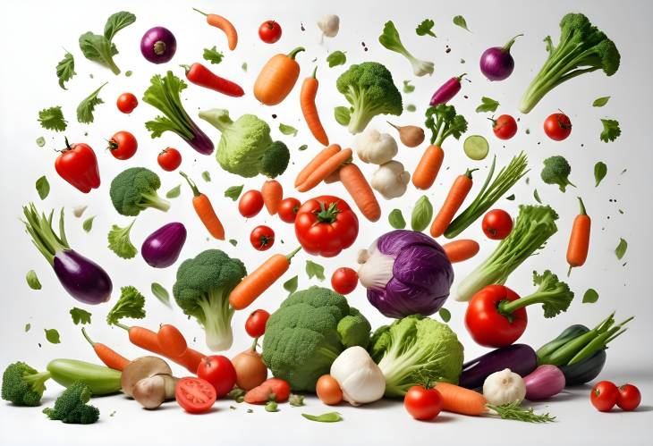 Many Fresh Vegetables Falling on White Background, Ideal for Food Styling and Healthy Eating