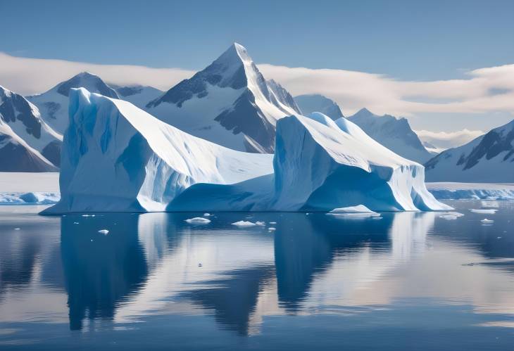 Massive Iceberg in Antarctica Towering Ice Structure with Snowy Mountains and Glacier Reflection