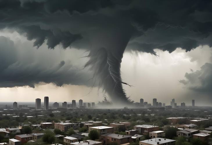 Massive Tornado Touching Down Near City Skyline. Captivating Image of Urban Natures Wrath in Actio