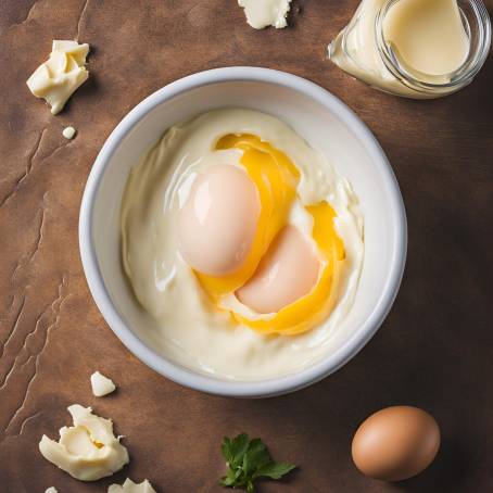 Mayonnaise and Broken Egg in a Bowl for Making Homemade Sauce and Cooking Prep