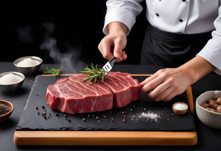 Meat Steak with Salt and Pepper Chefs Hands on Black