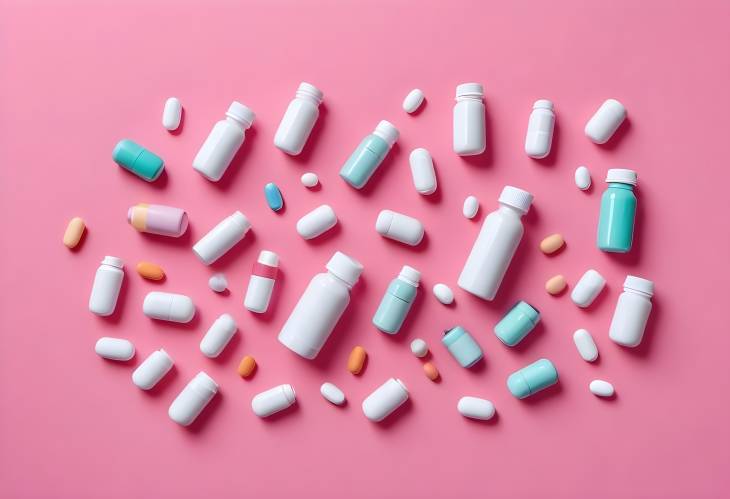 Medicine Bottles and Assorted Pills on Pink Surface, TopDown View of Tablets and Capsules