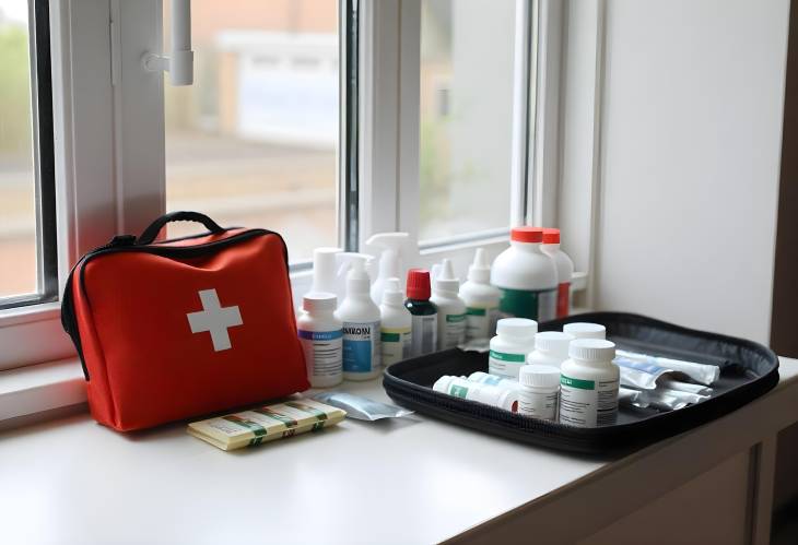 Medicines and First Aid Kit on Table with Window View Essential Medical Supplies for Health Care