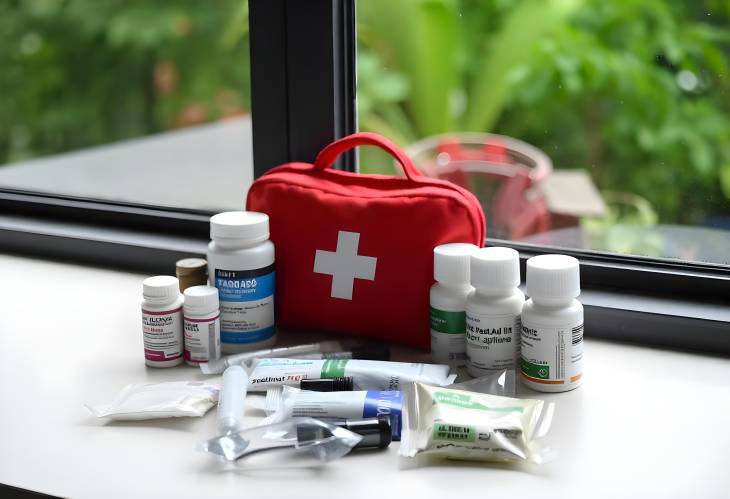 Medicines and First Aid Kit on Table with Window View Health Essentials for Home and Emergency Use