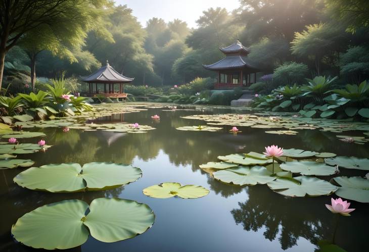 Meditation in a Tranquil Garden with Calm Pond and Blooming Lotus Flowers