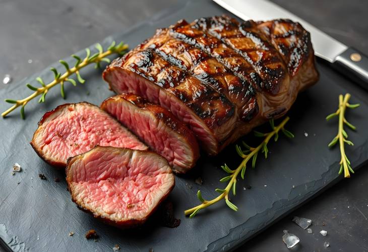 Medium Rare Grilled Striploin Steak on Slate Board  Sliced with Copy Space