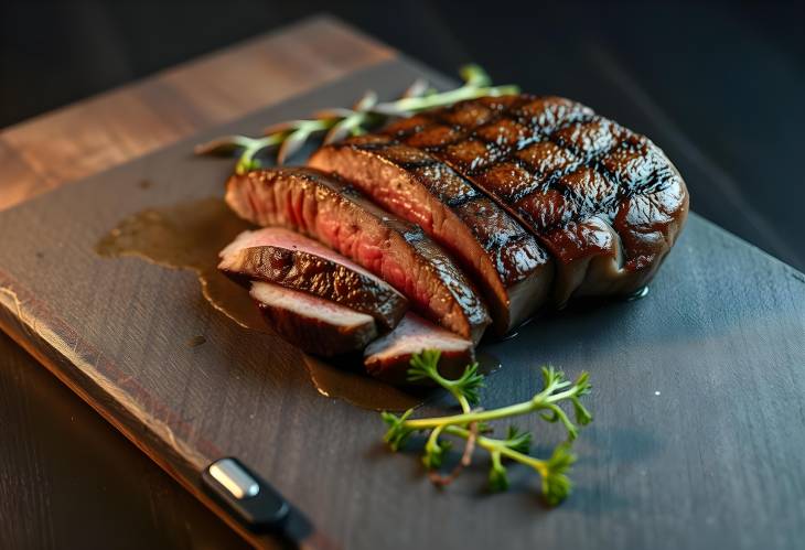 Medium Rare Grilled Striploin Steak Sliced on Slate Board with Copy Space