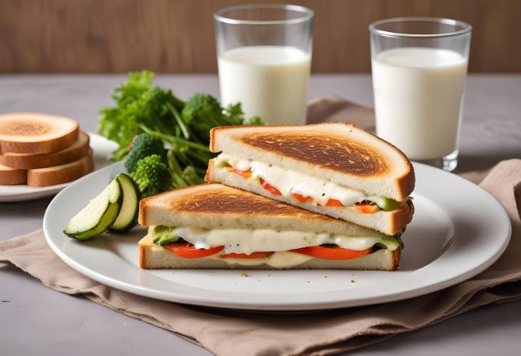 Melted Cheese and Veggie Toasted Sandwich with a Chilled Glass of Milk