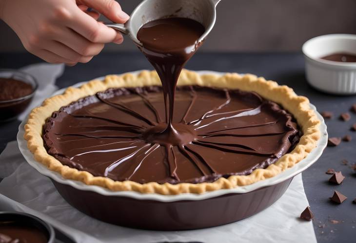 Melted Chocolate Pouring into a Flaky Pie Base A Dessert Lovers Dream