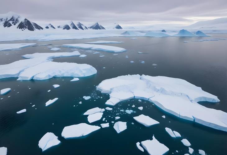 Melting Icebergs and Crashed Ice Antarctic Coastline Aerial View in Polar Ocean Winter