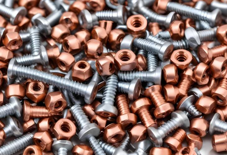 Metallic Screws, Nuts, Rivets in Copper and Silver Close Up