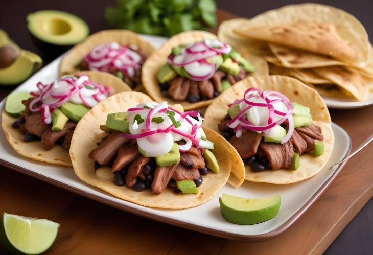 Mexican Panuchos de Cochinita Fried Tortillas with Black Beans, Pork, and Avocado