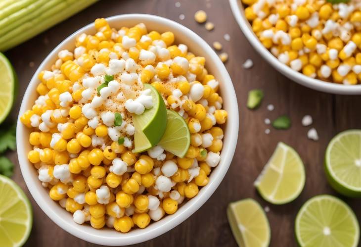 Mexican Street Corn Esquites Buttered Kernels with Mayo, Cheese, Chili Powder, and Lime Juice