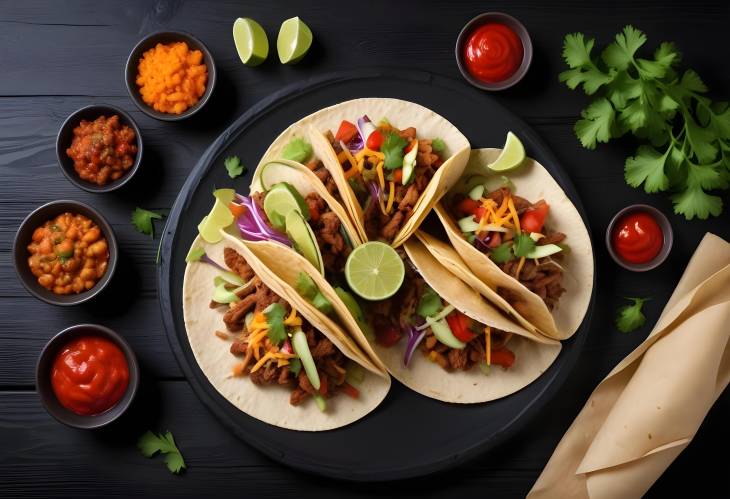 Mexican Tacos with Meat and Veggies on Black Surface