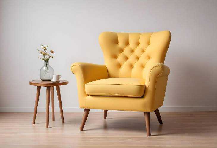 Mid Century Yellow Upholstered Armchair with Wooden Legs and Retro Style