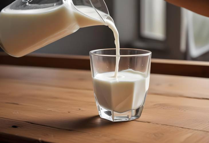 Milk Being Poured Into a Faceted Glass on a Wooden Table with Freshness