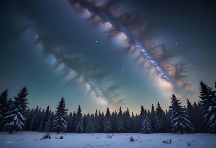 Milky Way Above a Winter Forest Snowy Landscape and Starry Sky in Harmony