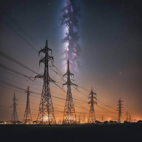 Milky Way Above City with Power Towers Silhouetted Against Night Sky