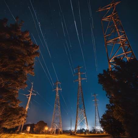 Milky Way and High Voltage Power Towers Silhouetted Against Night City