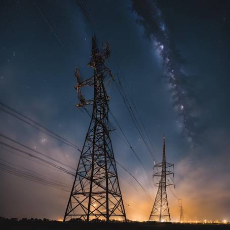 Milky Way Galaxy with High Voltage Power Towers Silhouetted Over Cityscape