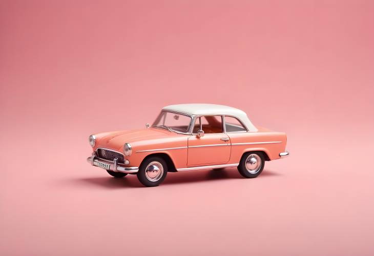 Miniature Classic Retro Toy Cabriolet on Pink Peach Background, Side Profile