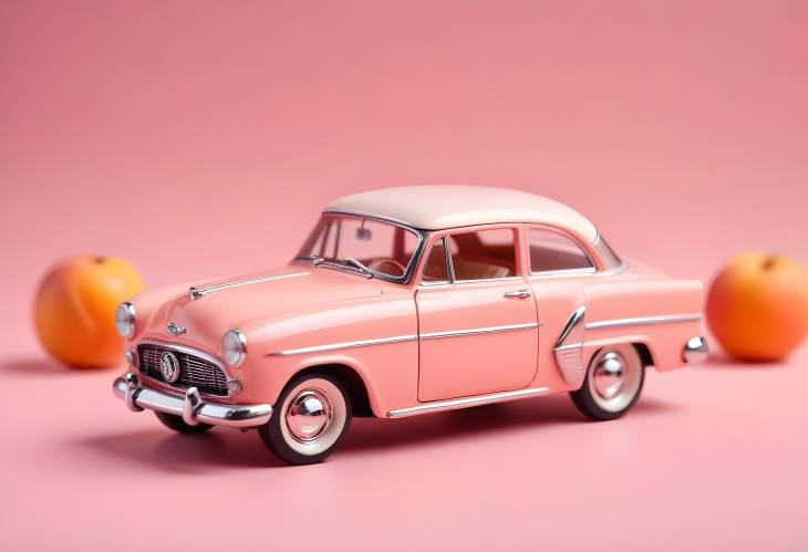 Miniature Classic Retro Toy Cabriolet on Pink Peach Background, Side View