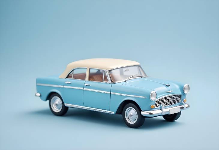 Miniature Classic Retro Toy Car on Pastel Blue Background, Model Car Side Profile