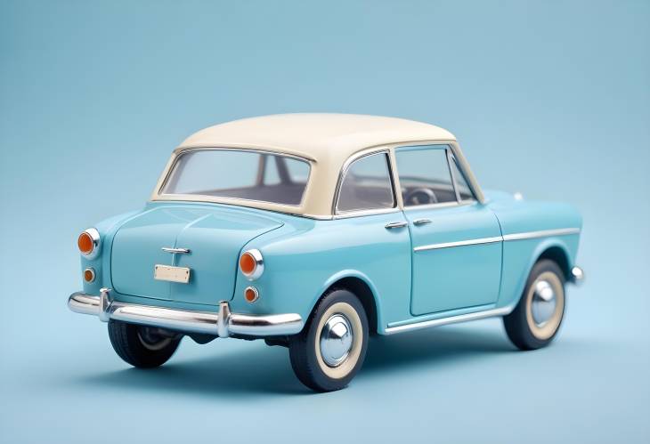 Miniature Classic Retro Toy Car on Pastel Blue Background, Model Car Side View