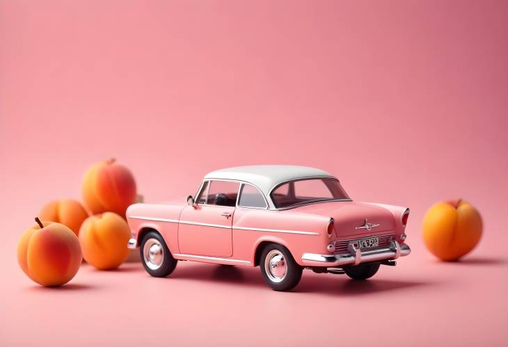 Miniature Classic Retro Toy Car on Pink Peach Background, Clean Side View