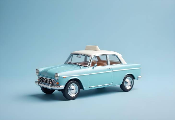 Miniature Retro Cabriolet Toy Car on Pastel Blue Background, Classic Side View