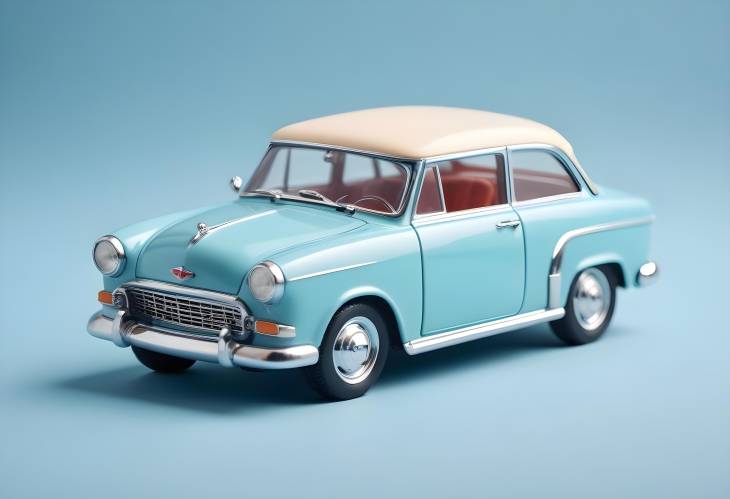 Miniature Retro Toy Cabriolet Car on Pastel Blue Background, Side Profile View