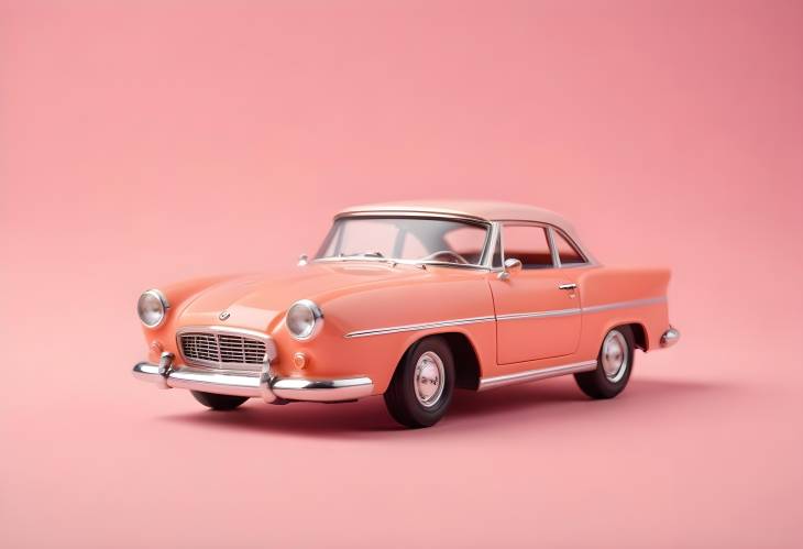 Miniature Retro Toy Cabriolet Car on Pink Peach Background, Classic Model View