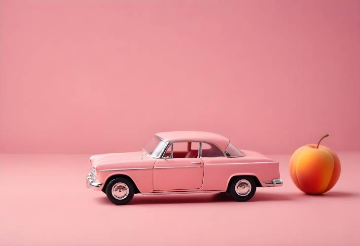 Miniature Retro Toy Cabriolet Car on Pink Peach Background, Side View Angle