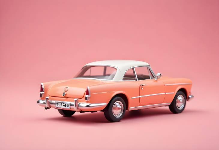 Miniature Retro Toy Cabriolet on Pink Peach Background, Classic Side Profile