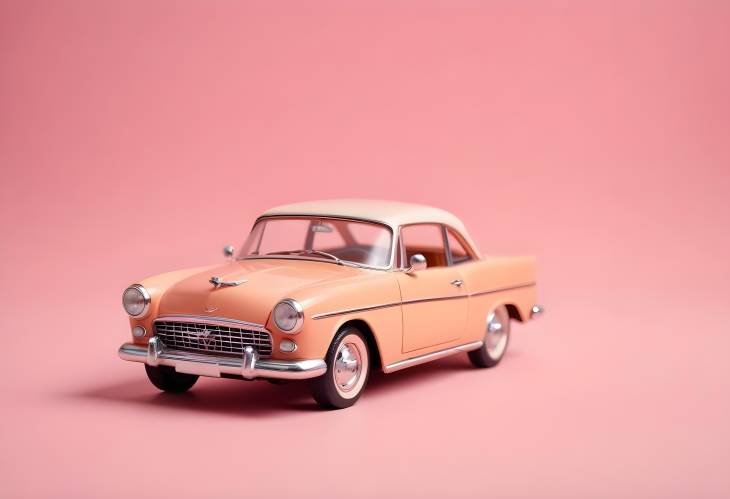 Miniature Retro Toy Car on Soft Pink Peach Background, Classic Side Profile