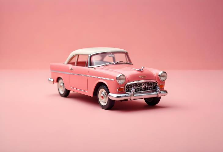 Miniature Retro Toy Car on Soft Pink Peach Background, Classic Side View