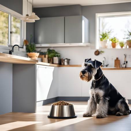 Miniature Schnauzer Feasting on Dog Food in a Sunlit Kitchen