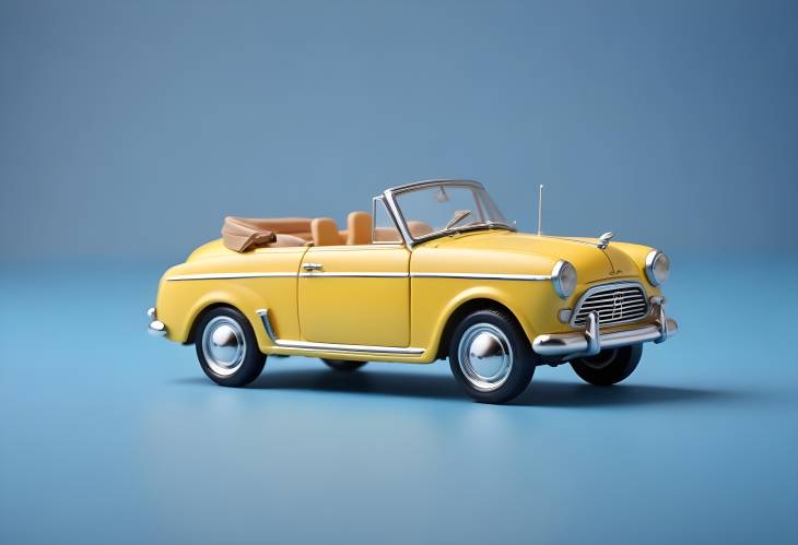 Miniature Yellow Retro Cabriolet Toy Car Against a Solid Blue Background, Side View