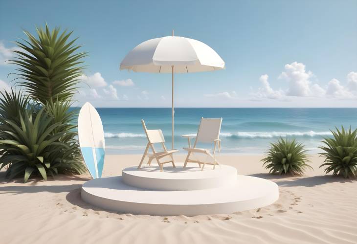 Minimal Beach Setup with White Round Podium, Chair, Umbrella, Surfboard, Ball, and Plant Against Blu